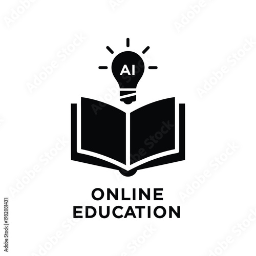 A black silhouette depicts an open book with a lightbulb containing ai above it and online education below high quality