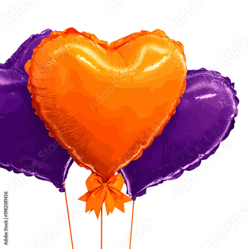 A cluster of shimmering heart-shaped balloons, one orange and two purple