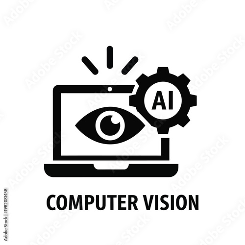 A stylized black icon depicts a laptop with an eye on the screen linked to artificial intelligence gears high quality