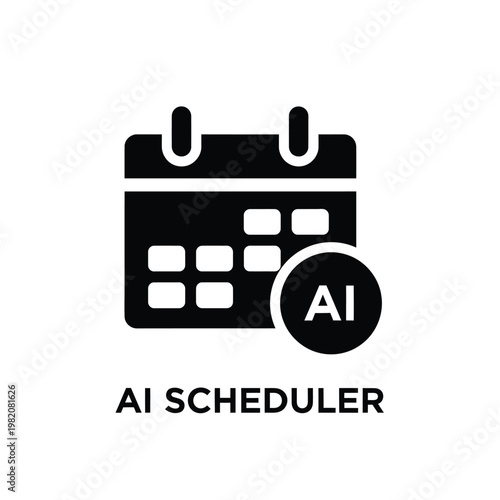 A minimalist black icon depicts a calendar with the letters ai overlaid on a circular badge high quality professional detailed
