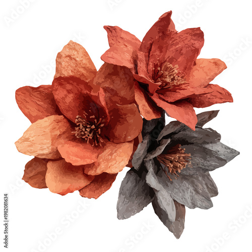 Three textured floral blossoms in warm tones and muted gray