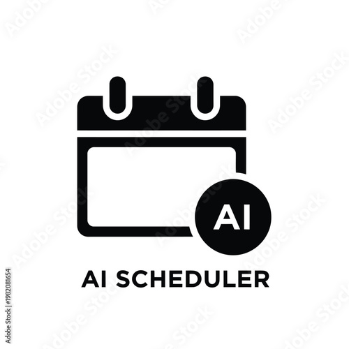 A black and white graphic depicts a calendar icon with ai text and the label ai scheduler below high quality