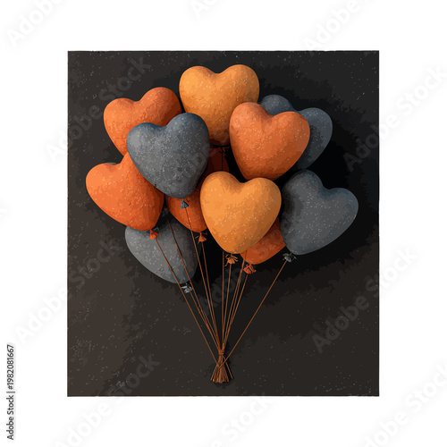 A textured bunch of heart-shaped balloons in orange and gray tones