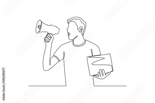 Marketer Speaking Through Megaphone Promotion Strategy. Digital Marketing Concept. Single line draw design. Vector graphic illustration