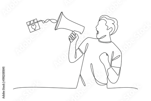 Marketer Announcing Campaign Using Digital Megaphone. Digital Marketing Concept. Single line draw design. Vector graphic illustration
