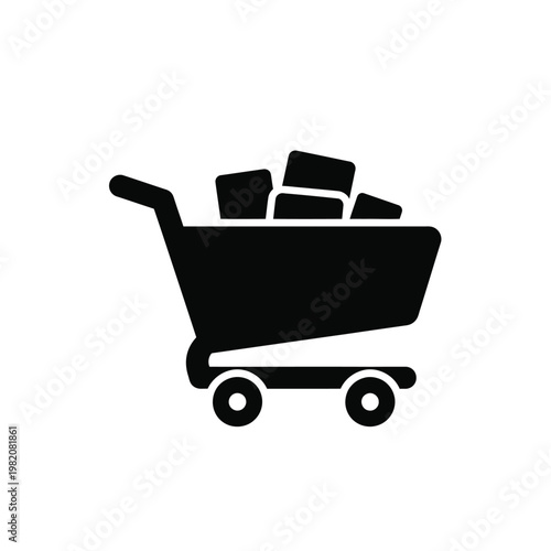 A simple black silhouette depicts a shopping cart overflowing with rectangular blocks suggesting abundance high quality professional detailed modern elegant