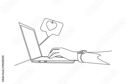 Person Working On Laptop Digital Promotion. Digital Marketing Concept. Single line draw design. Vector graphic illustration