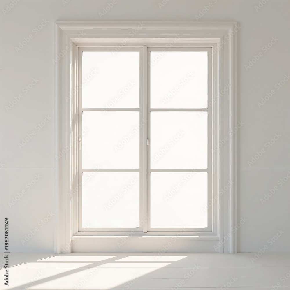 Fototapeta premium Minimalist White Window with Soft Natural Light and Blurred Nature Background