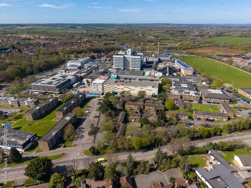 Obraz premium Aerial view of Lister Hospital in Stevenage on sunny day. England