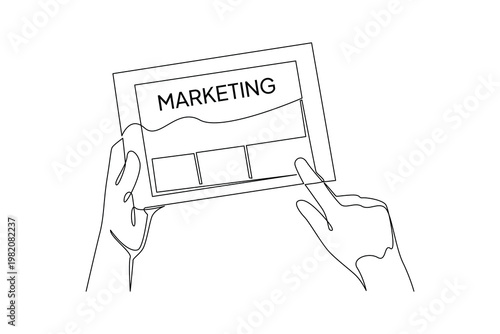 Tablet Displaying Marketing Dashboard And Analytics Report. Digital Marketing Concept. Single line draw design. Vector graphic illustration