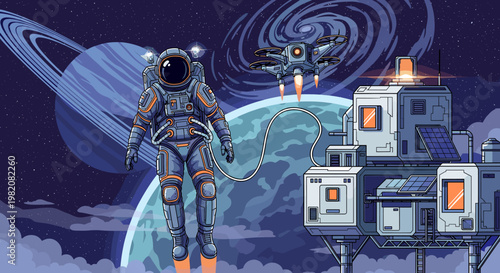 Astronaut in a futuristic spacesuit with a jetpack, tethered to a space station, with a drone flying nearby, against a backdrop of a ringed planet and swirling nebula.