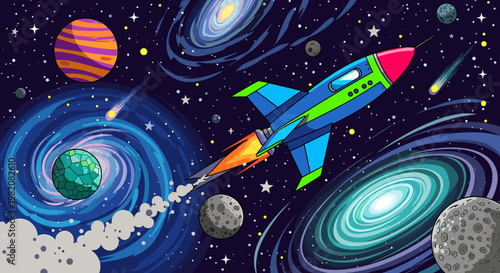 A vibrant cartoon illustration of a blue and green rocket ship blasting off into a colorful, swirling galaxy filled with planets, stars, and nebulae.
