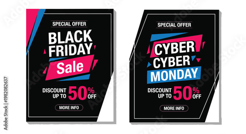 Black Friday, Cyber Monday sale labels, discount icons, vector