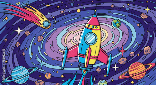 A vibrant and colorful cartoon illustration of a rocket ship blasting off into a swirling galaxy filled with planets, stars, and a comet.