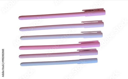 Set of pastel colored pens in pink and blue shades arranged horizontally on white background