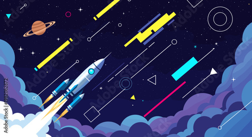 A stylized rocket ship blasts off into a vibrant, abstract outer space scene filled with geometric shapes and celestial bodies.