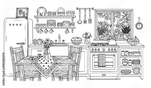 Detailed Cozy Kitchen Interior Coloring Page Line Art