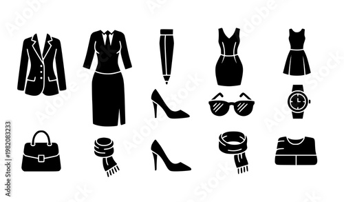 Casual Women Clothing Icon Set with Everyday Outfit and Fashion Accessories Solid Vector Collection