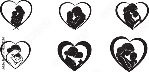 Six heart silhouettes embracing mother and child with silhouette parenthood nurturing affection