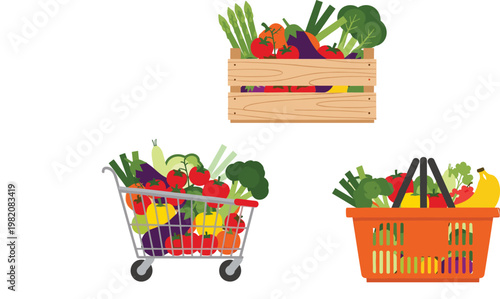 Illustration of Vegetables in a Wooden Box, Shopping Cart, and Basket"