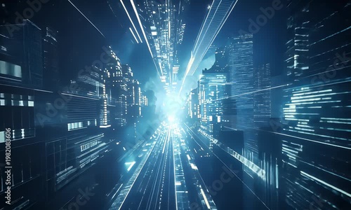 A futuristic cityscape at night showcases a bright light shining down a sleek, modern city street with tall buildings on either side, surrounded by vibrant technology and transportation elements.