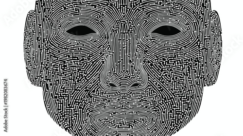 Abstract face constructed from maze-like circuits, intricate detail, high contrast, black & white