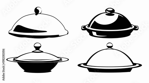 Four stylized serving dishes, in black and white, with lids and circular knobs
