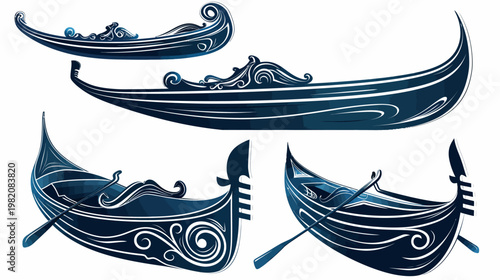 Several dark blue, stylized gondola illustrations with decorative elements on white