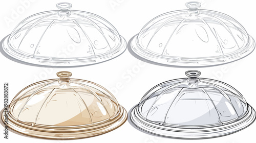 Illustration Four transparent dome serving dishes in varying states of completion
