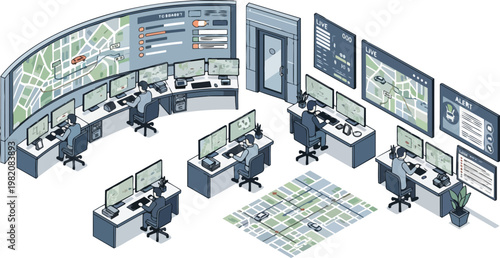Smart City Control Room Isometric Illustration - Fleet Management, Traffic Monitoring, and Logistics Dispatch Center with Data Visualization Screens