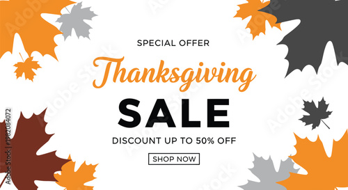 Thanksgiving sale banner, autumn leaves, discount offer, seasonal promotion