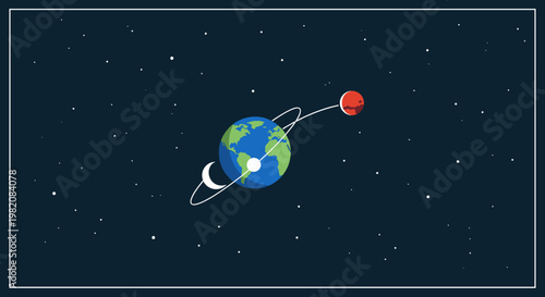 Stylized illustration of Earth with a crescent moon orbiting and Mars in its orbital path against a starry dark blue space background.