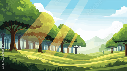 Bright sunbeams shine through the canopy of a lush green forest onto a rolling valley landscape creating a warm and inviting atmosphere.