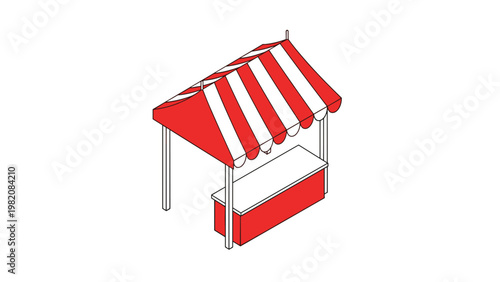 Single isometric market stall with a red and white striped canopy and a simple counter is shown as a versatile retail graphic element.