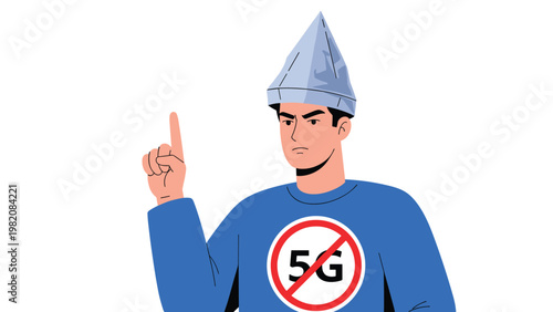 Man wearing a tinfoil hat points his finger upwards while wearing an anti-5G shirt to illustrate conspiracy theories and paranoia.