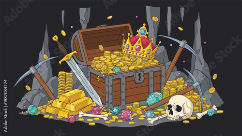 Treasure chest overflowing with gold coins and jewels is hidden deep inside a cave with pickaxes, a skull, and scattered artifacts.