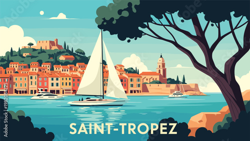 Travel poster for Saint-Tropez shows sailboats in the blue harbor with colorful Mediterranean houses and a historic church on the hill.
