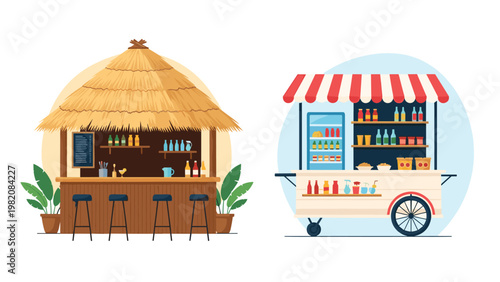 Two colorful outdoor stalls featuring a tropical thatched roof tiki bar with stools and a modern street food cart stocked with various drinks.
