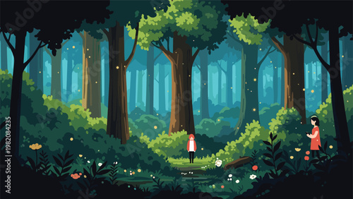 Two children explore a magical dark forest filled with tall trees and glowing fireflies in a mysterious and enchanting pixel art scene.
