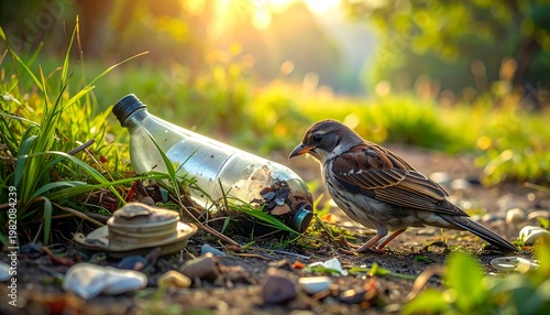 Small bird near litter, bright sunlight, path, plastic waste, & greenery. Nature contrasts waste