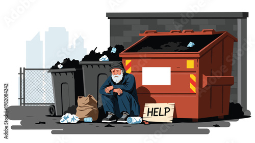 Sad homeless man with a white beard sitting on the street next to garbage bins and a dumpster with a sign asking for help in a city city.