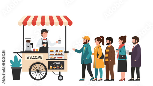 Friendly barista serving customers from a mobile coffee cart with a red and white striped awning as a diverse line of people waits for coffee.