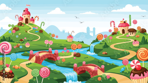Whimsical candy land landscape featuring hills of cake, lollipop trees, cupcake houses, and rivers of blue frosting under a bright sky.
