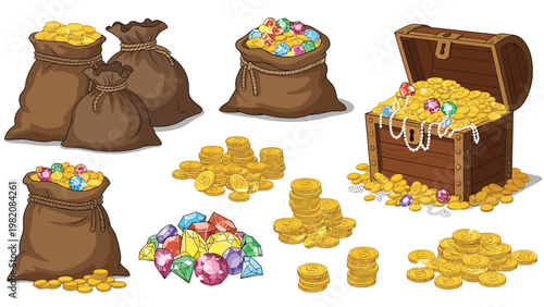 Large treasure hoard featuring wooden chests overflowing with gold coins, brown sacks of jewelry, and piles of sparkling colorful gems.