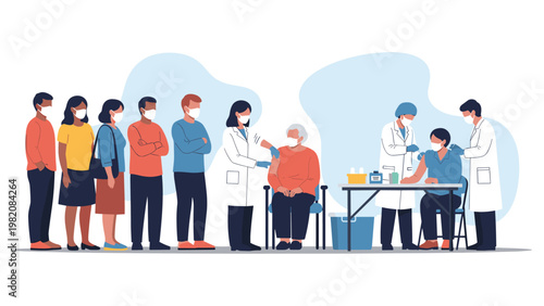 Group of diverse people wearing face masks standing in a queue at a medical clinic while healthcare workers administer vaccinations in line.