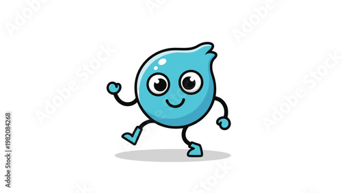Cheerful blue water drop character with large eyes and a friendly smile walking happily on a light grey shadow on a white background.