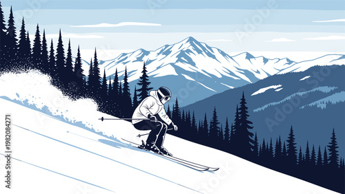 Skier dressed in white gear speeding down a steep snowy mountain slope with a dense pine forest and jagged peaks in the background peaks.