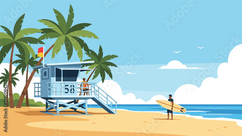 Tropical beach scene with a blue lifeguard tower standing on golden sand under palm trees with a surfer looking at the blue ocean water.