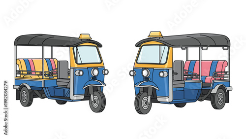 Pair of traditional three-wheeled tuk-tuk taxis from Thailand shown from two different angles in blue and yellow colors on a white base.