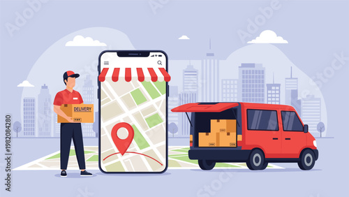 Logistics concept illustration showing a delivery man holding a package next to a smartphone with a map and a red delivery van in the city.